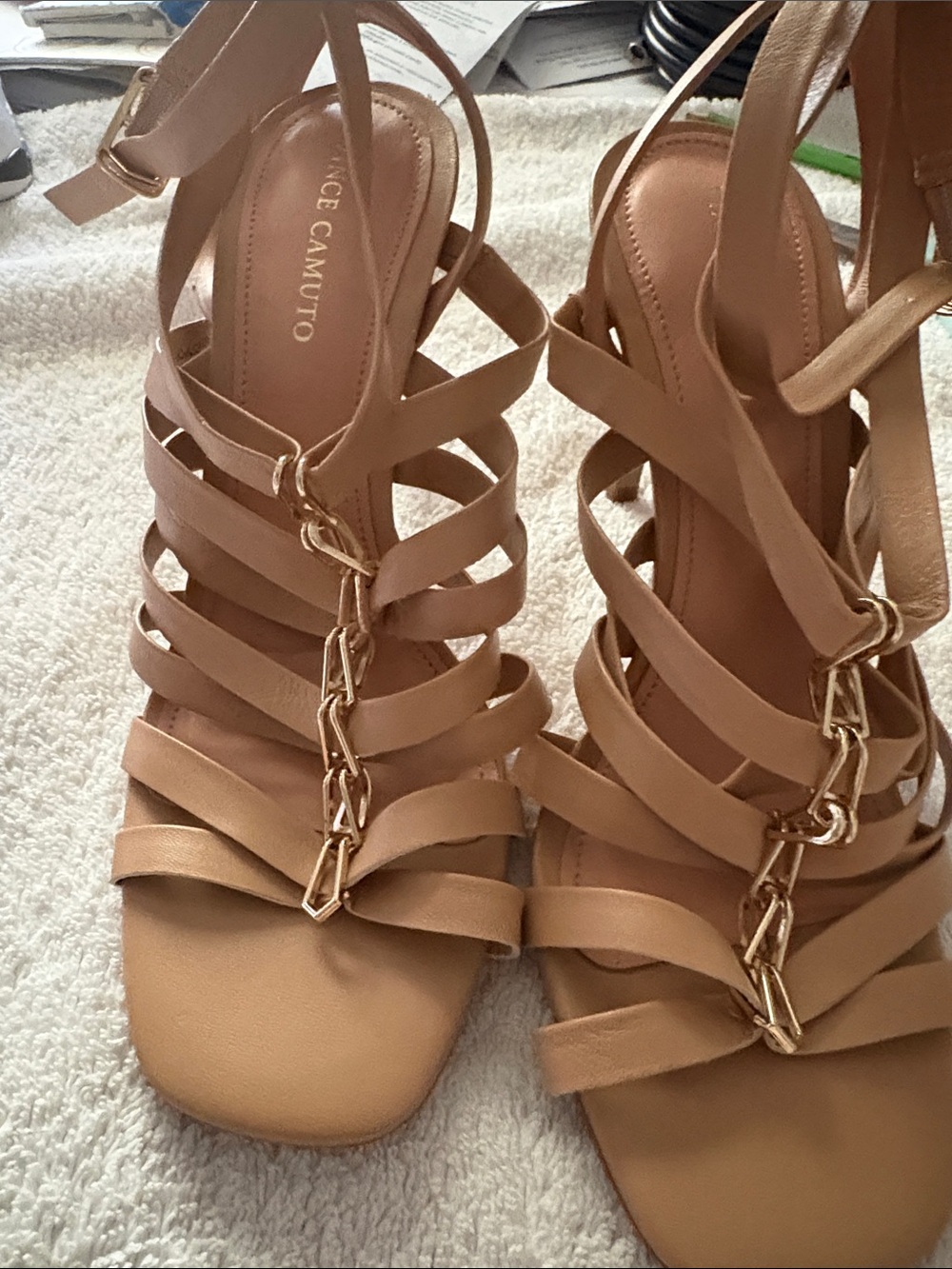Vince Camuto Nude Tan Strappy Heeled Sandals with Gold Chain